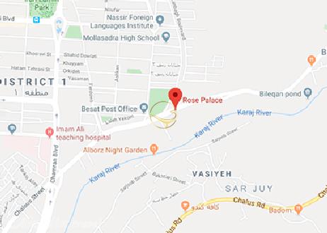 نمای تالار رز سرخ مجتمع قصر رز کرج روی نقشه