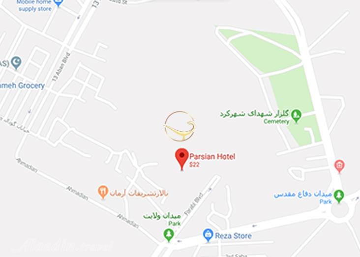 نمای رستوران پارسه هتل پارسیان آزادی شهرکرد روی نقشه