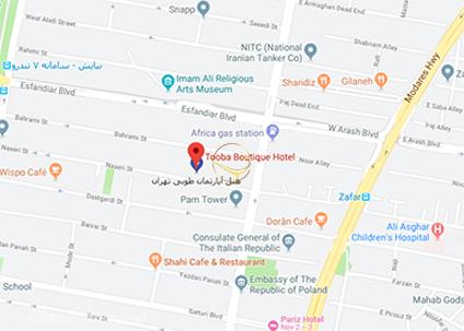 نمای سالن کنفرانس هتل طوبی روی نقشه